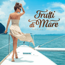 Woman in a long white dress and sunglasses walks on a yacht, on the front of the photo is the logotype: Frutti di Mare