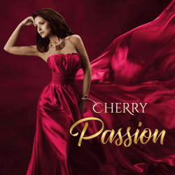 Woman in a long red dress looks to the side, on the front of the photo is the logotype: Cherry Passion