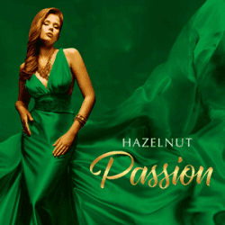 Woman in a long green dress looks in front of her, on the front of the photo is the logotype: Hazelnut Passion