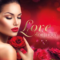 Woman in a red lipstick is holding a rose, on the front of the photo is the logotype: Love & Cherry