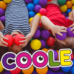 Two kids play with the colorful balls, on the front of the photo is the logotype: COOLE