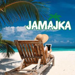 Woman in a swimsuit and hat sits on a deckchair under the palm tree on a beach in front of the sea, on the front of the photo is the logotype: Jamajka