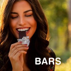 Happy women with closed eyes eats chocolate bar, on the front of the photo is the text: Bars