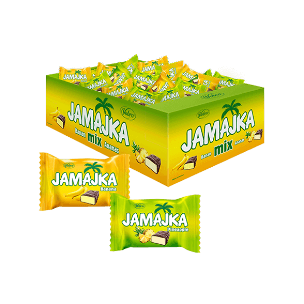 Opakowanie cukierków Jamajka Banana & Pineapple 3 kg w kartonie z cukierkami przed kartonem