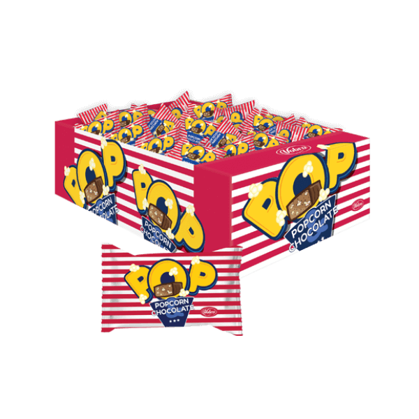 Cukierki POP Popcorn & Chocolate 3 kg w kartonie z cukierkiem w zawijce przed kartonem