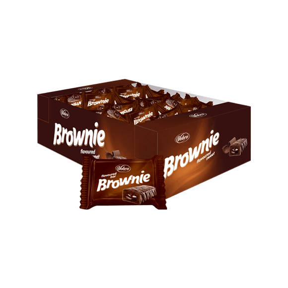 Cukierki Brownie 3 kg w kartonie z cukierkiem w zawijce przed kartonem