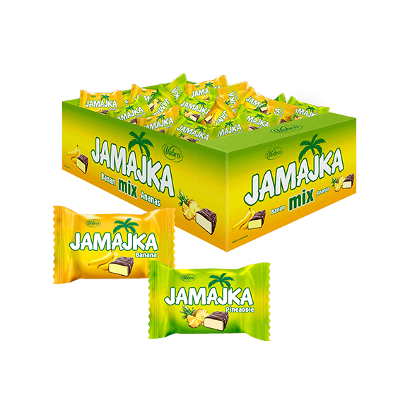 Opakowanie cukierków Jamajka Banana & Pineapple 3 kg w kartonie z cukierkami przed kartonem