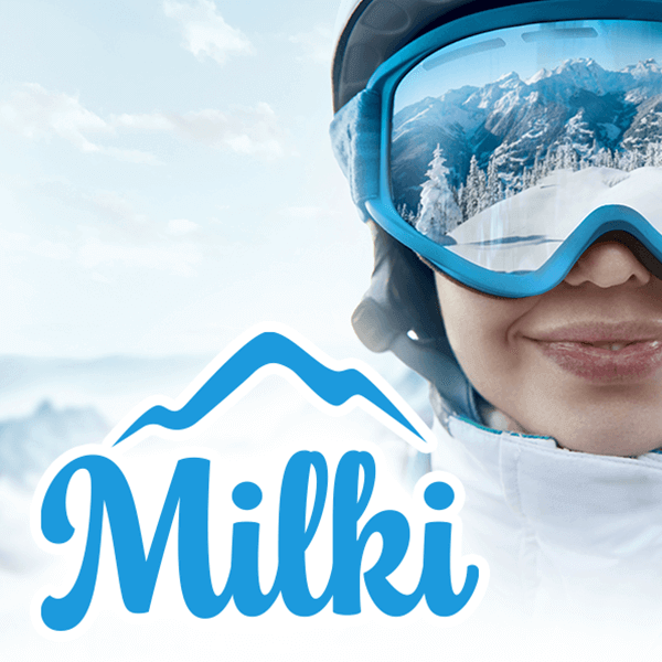 Woman in ski goggles with the snow background is smiling towards Milki logo