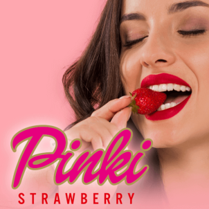 Kobieta w brązowych włosach i czerwonej szmince je truskawkę, przed nią znajduje się logo Pinki Strawberry