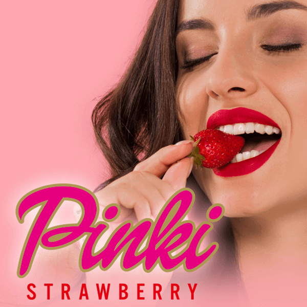 Woman with brown hair nad red lipstick eats a strawberry, in front of her is Pinki Strawberry logo