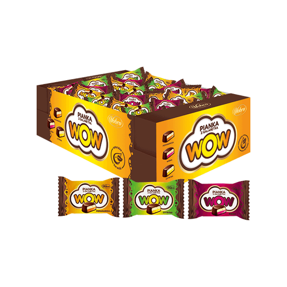 Vobro WOW marshmallow with jelly in a 2.5 kg carton, with flow-packed jellies in front of the carton