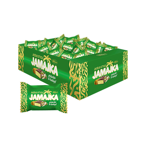 Vobro Jamajka Pistachio & Kadayif candies in a 3 kg carton, with a flow-packed candy in front of the carton