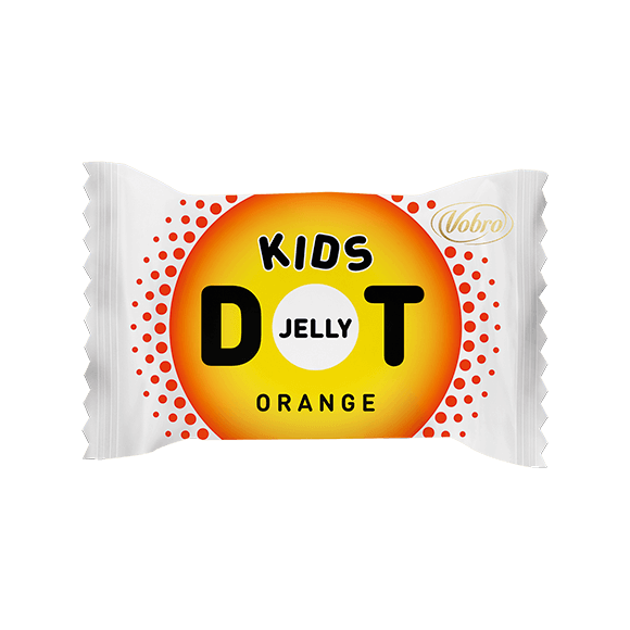 Vobro Jelly DOT Kids orange-flavored jelly in a flow pack, front view